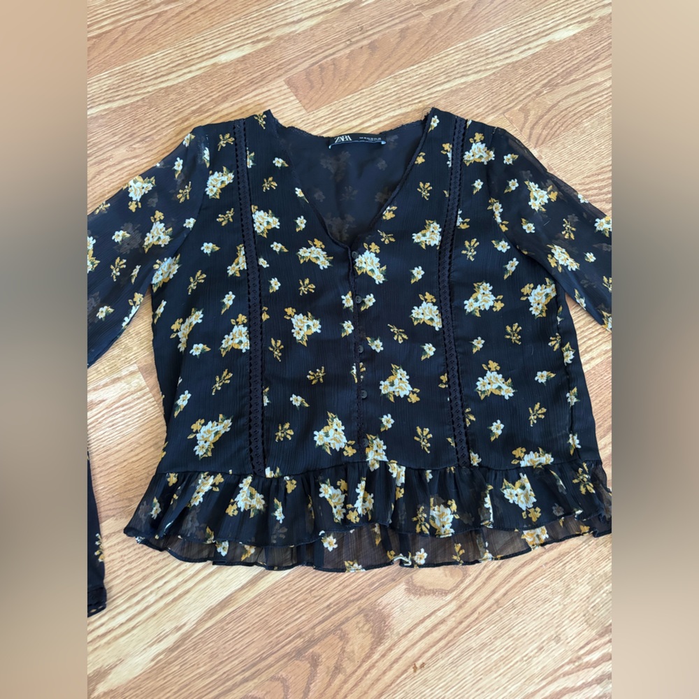 ZARA Sheer Floral Blouse Black Yellow White Long Sleeve Ruffle Hem Top - Picture 4 of 7
